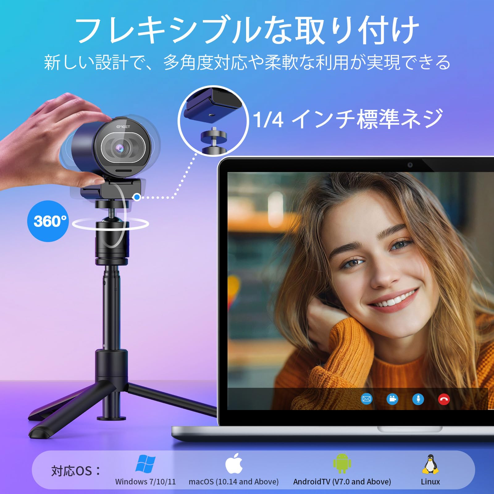EMEET S600 4K WEBカメラ 三脚＆ボールジョイント付き 800万画素